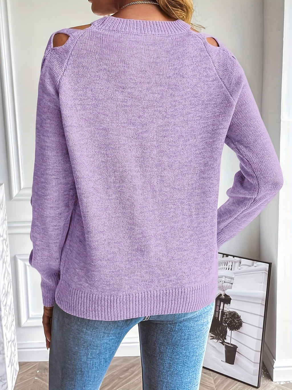Zevessa | Lichte effen damestrui – gebreide pullover met opengewerkte mouwen