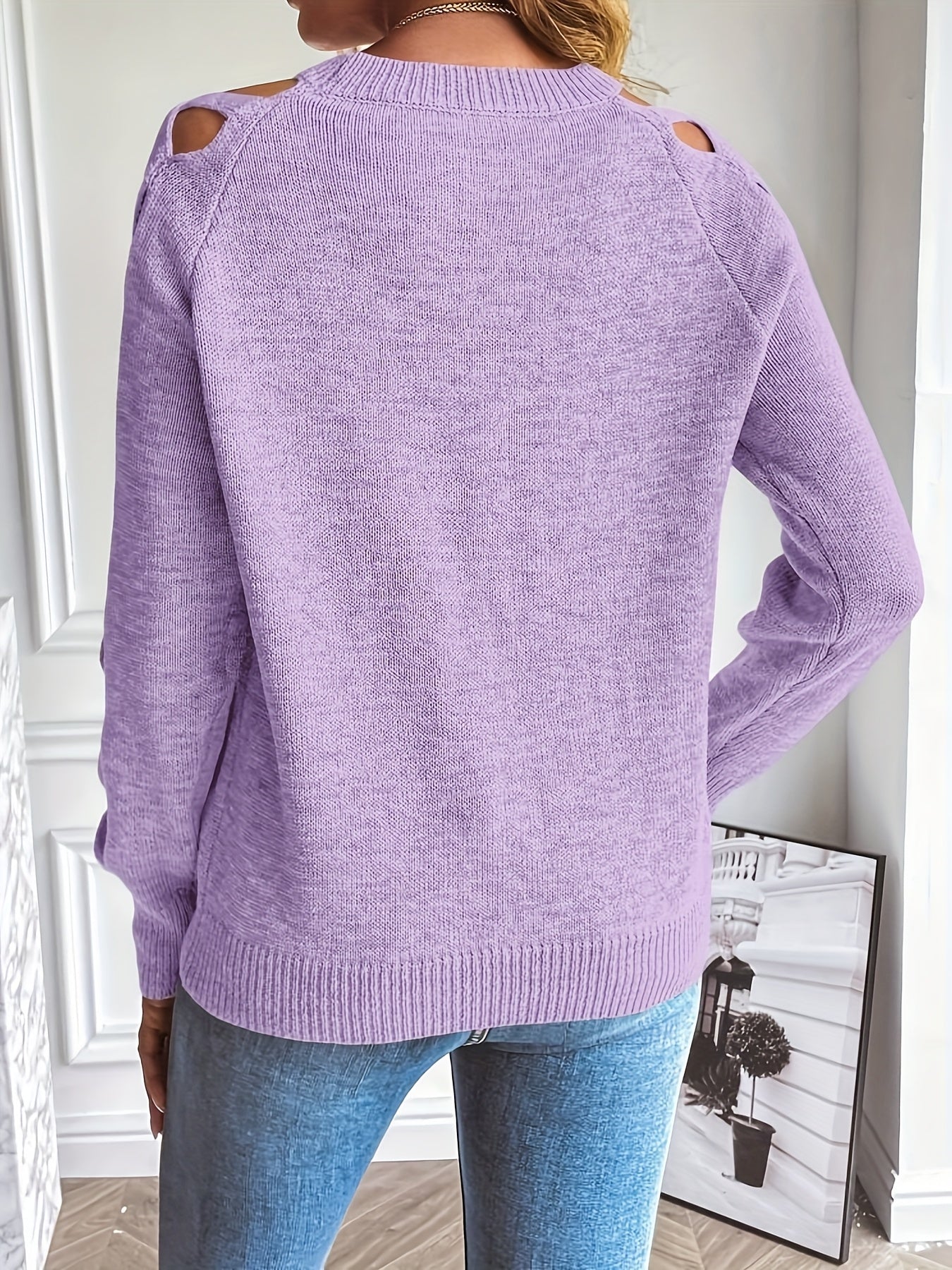 Zevessa | Lichte effen damestrui – gebreide pullover met opengewerkte mouwen