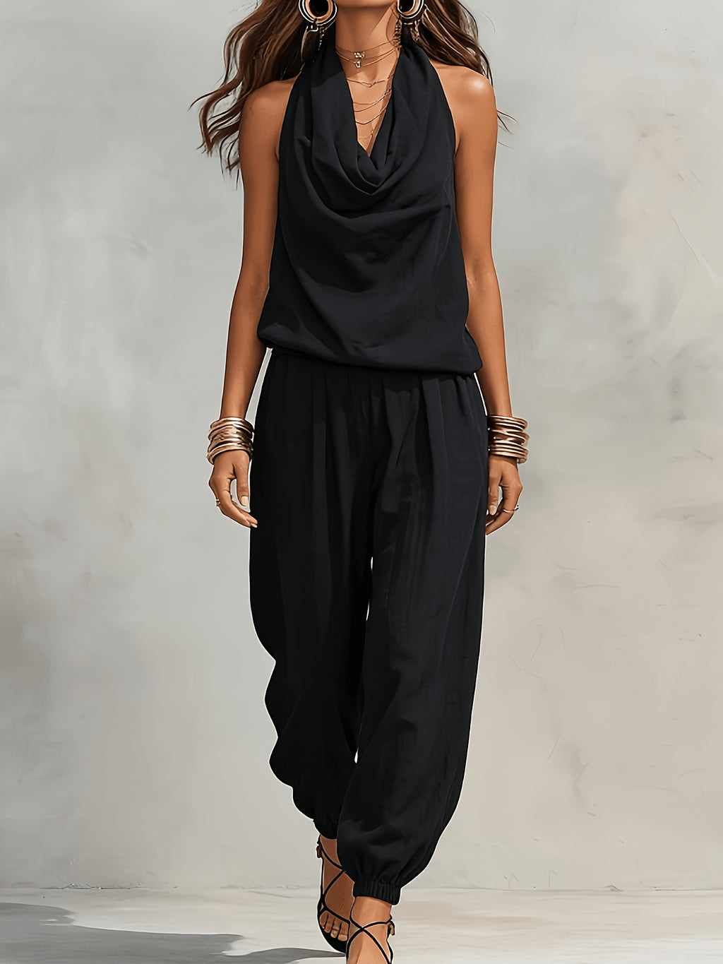 Jynna | Casual 2-delige set voor dames – Set met broek en haltertop in linnenlook