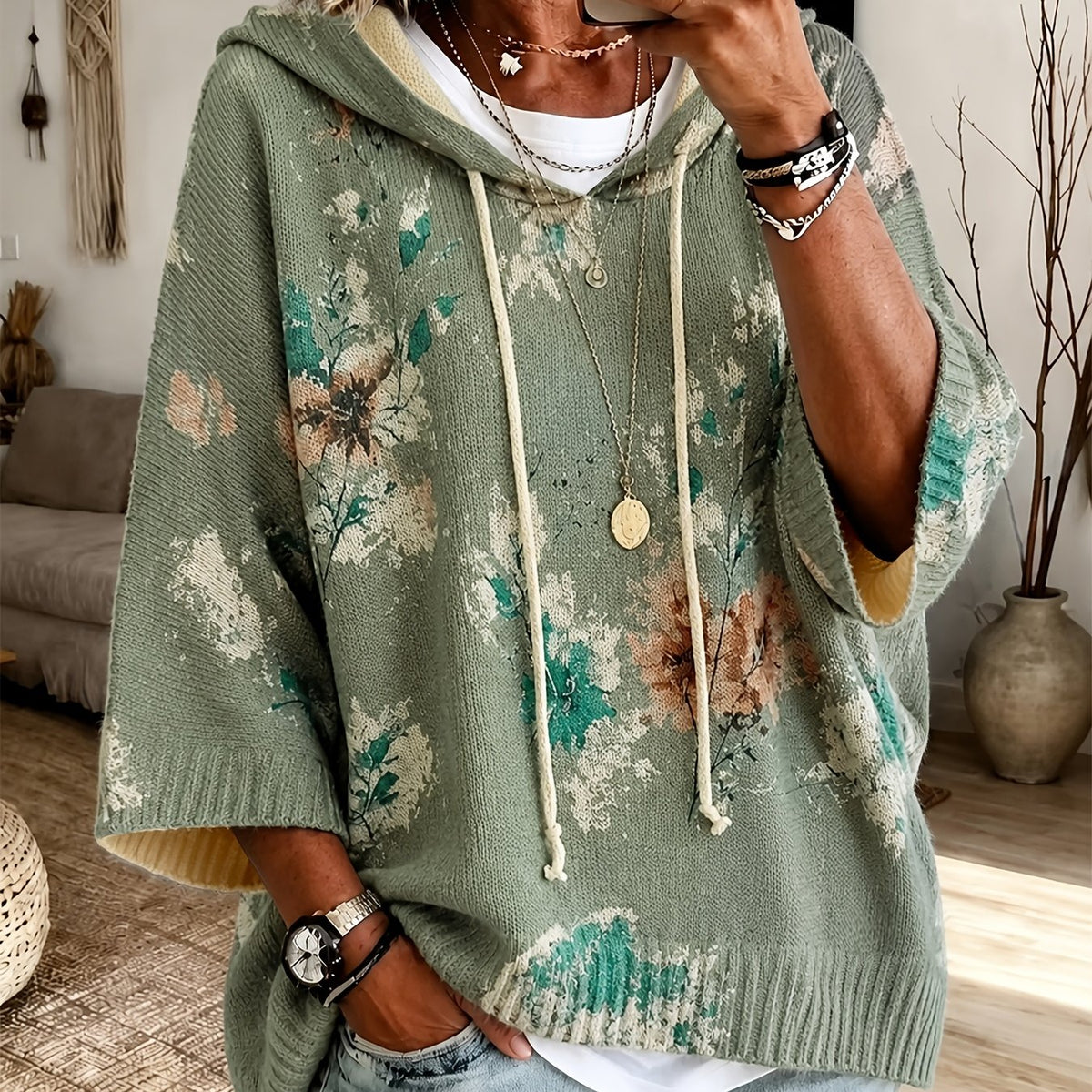 Phaedra | Dames Gebloemde Capuchonponcho