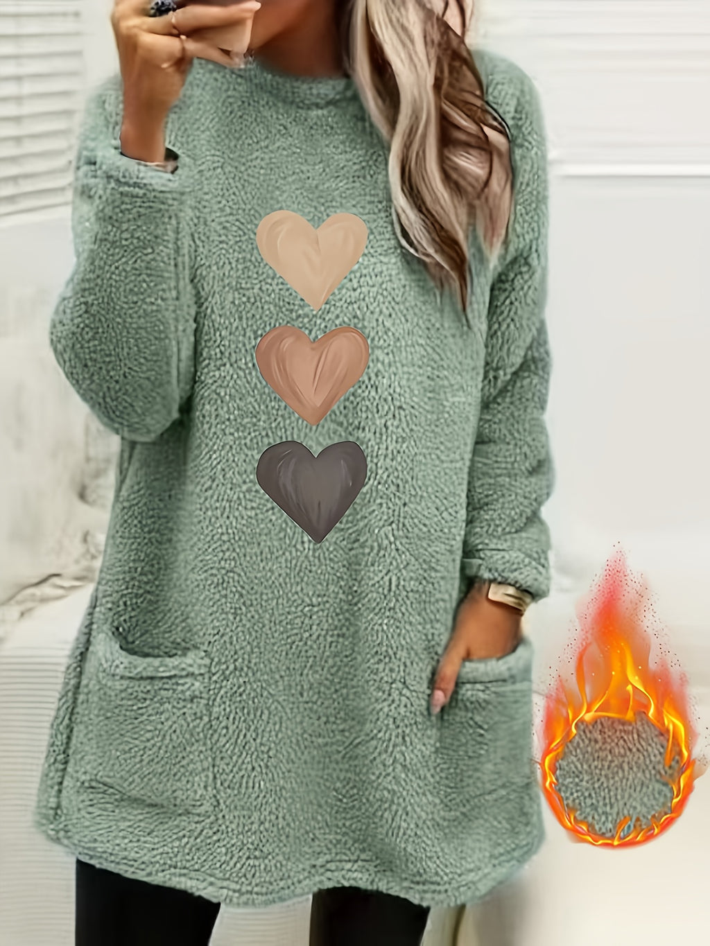 Marleen | Dames-sweatshirt met fleecevoering en hartjesprint – Casual trui met lange mouwen
