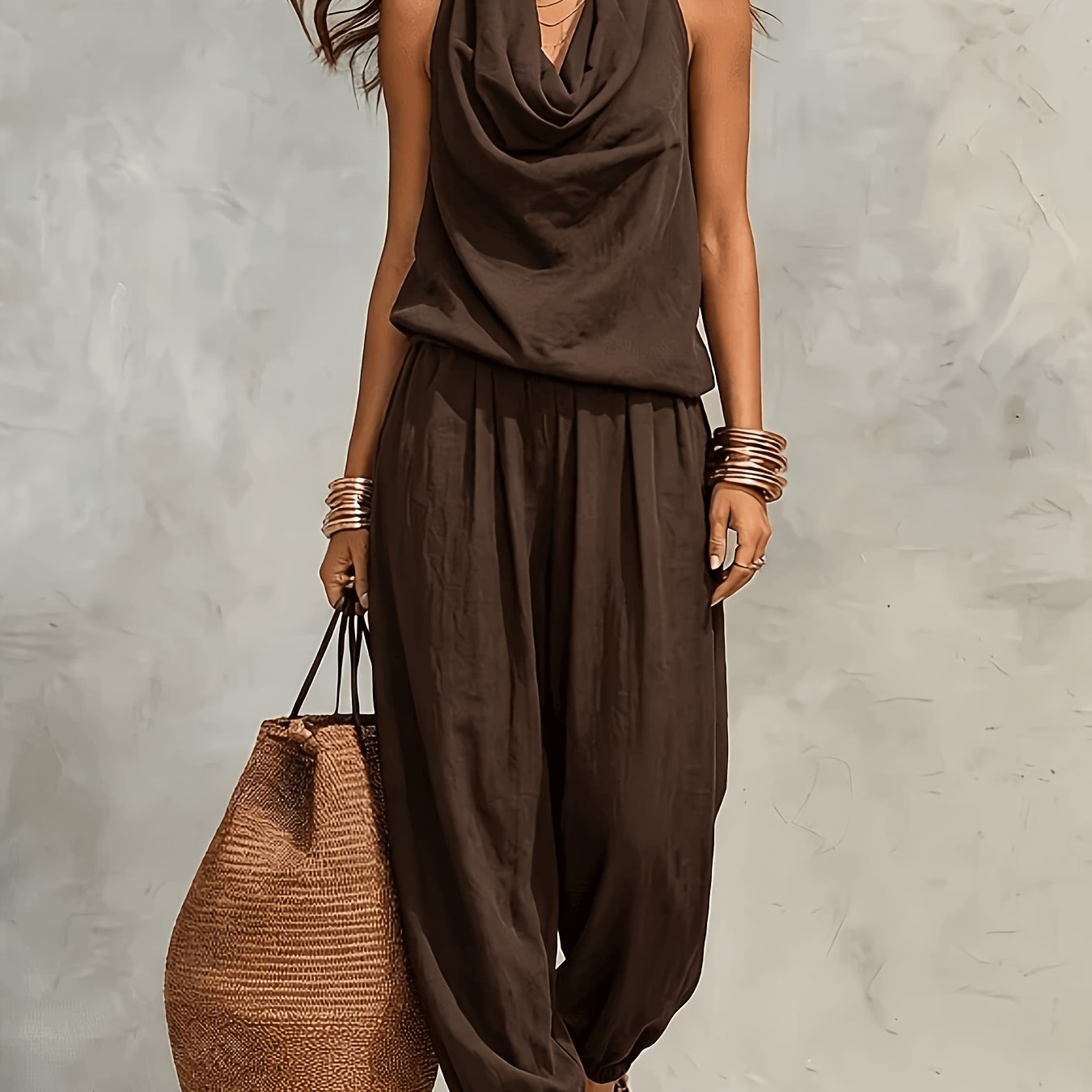 Jynna | Casual 2-delige set voor dames – Set met broek en haltertop in linnenlook