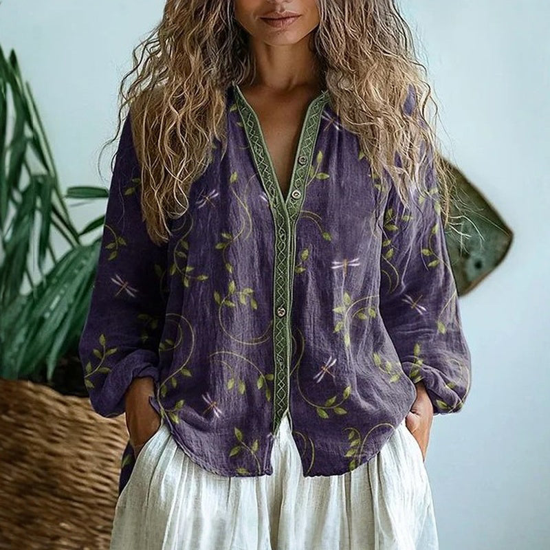 Laelia | Dames Gebloemde Boho Blouse – V-Hals & Losvallende Pasvorm