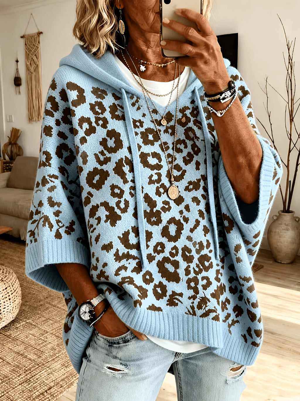 arcelina | Dameshoodie met Luipaardprint – Oversized Sweater met Capuchon