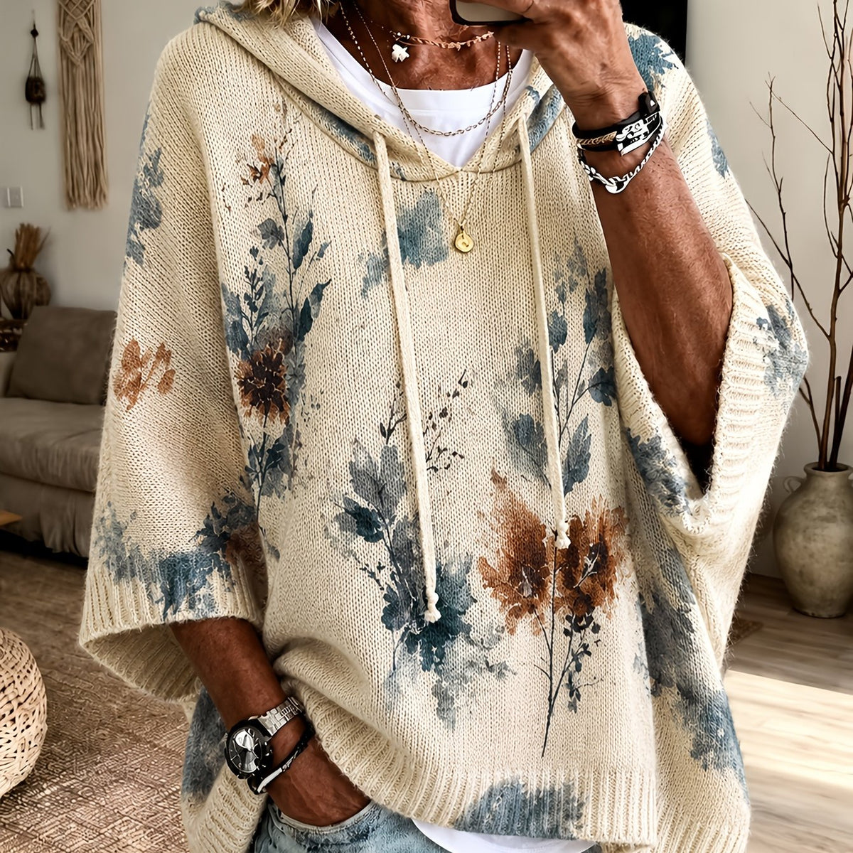 Phaedra | Dames Gebloemde Capuchonponcho