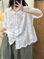 Velissea | Dames blouse met geborduurde bloemen – 3/4 mouwen, omslagkraag, losse casual pasvorm