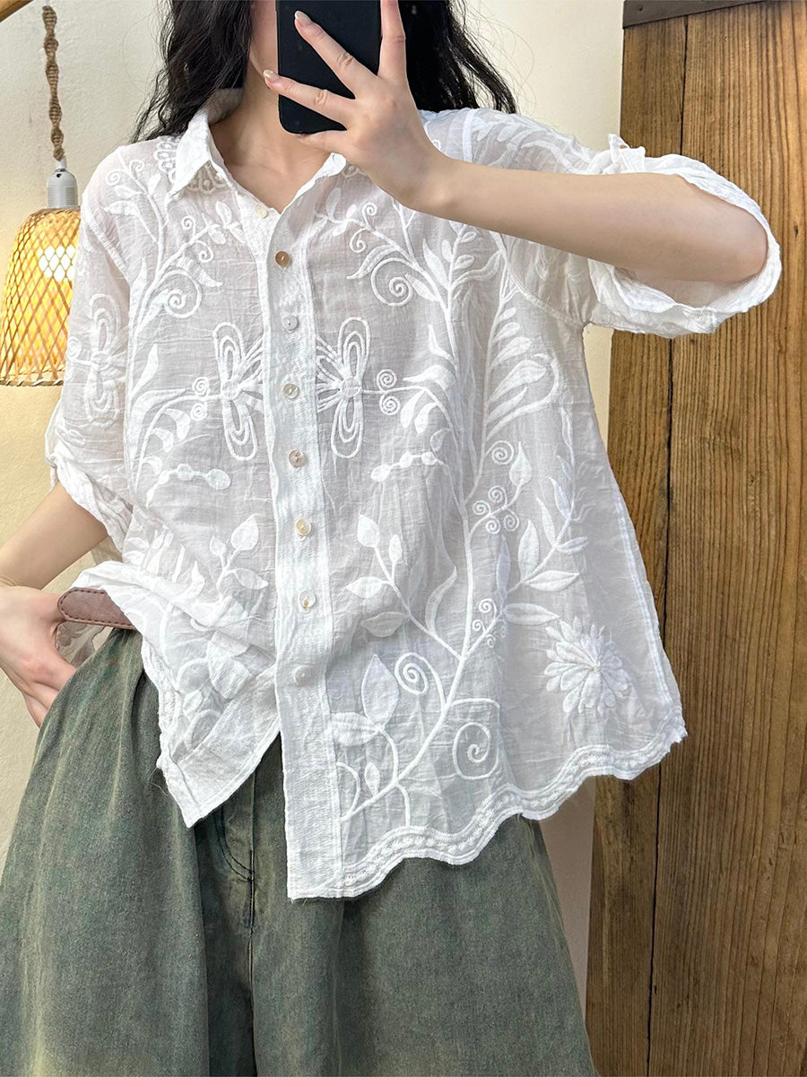 Velissea | Dames blouse met geborduurde bloemen – 3/4 mouwen, omslagkraag, losse casual pasvorm