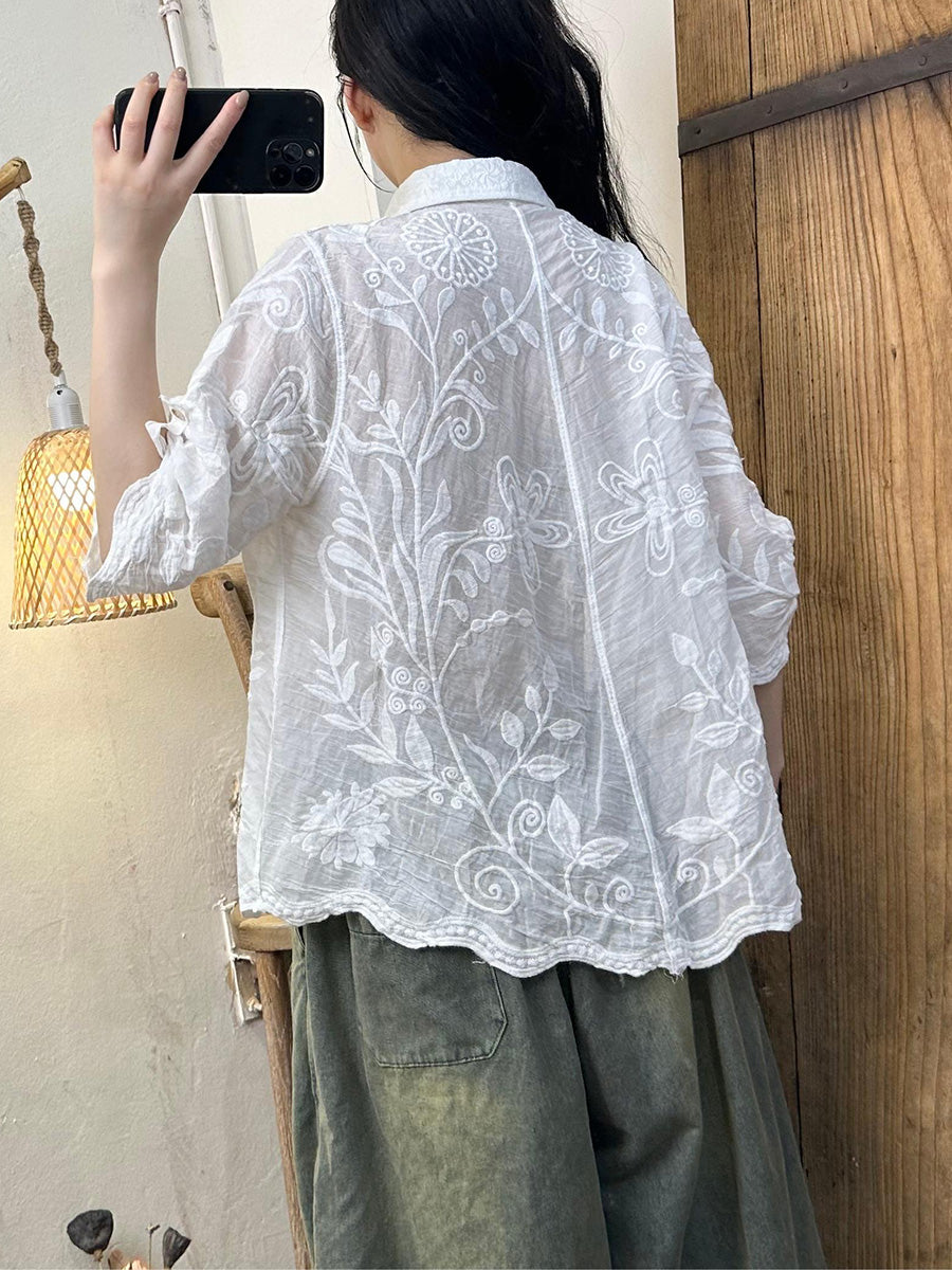 Velissea | Dames blouse met geborduurde bloemen – 3/4 mouwen, omslagkraag, losse casual pasvorm