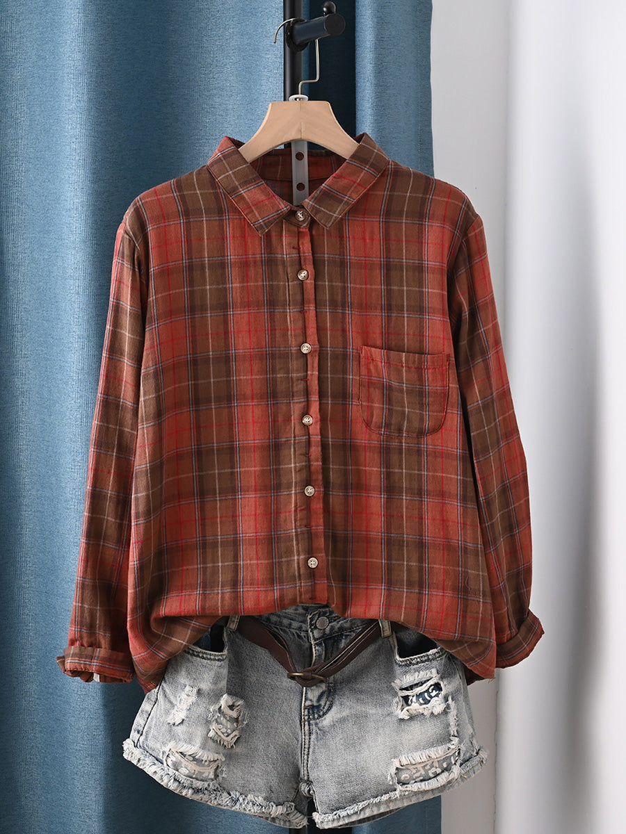 Tyrella | Dames geruite blouse met lange mouwen, katoenen knooptop, casual voor werk
