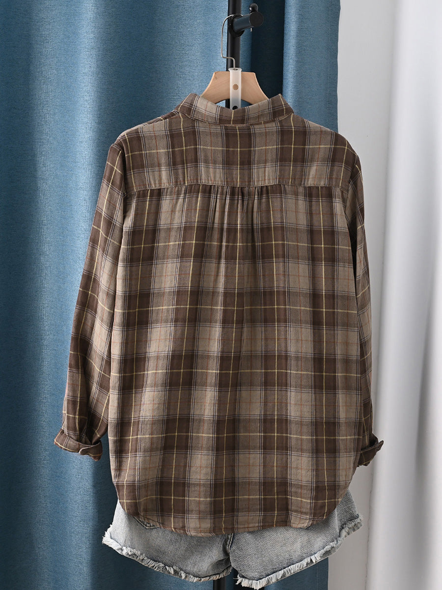 Tyrella | Dames geruite blouse met lange mouwen, katoenen knooptop, casual voor werk