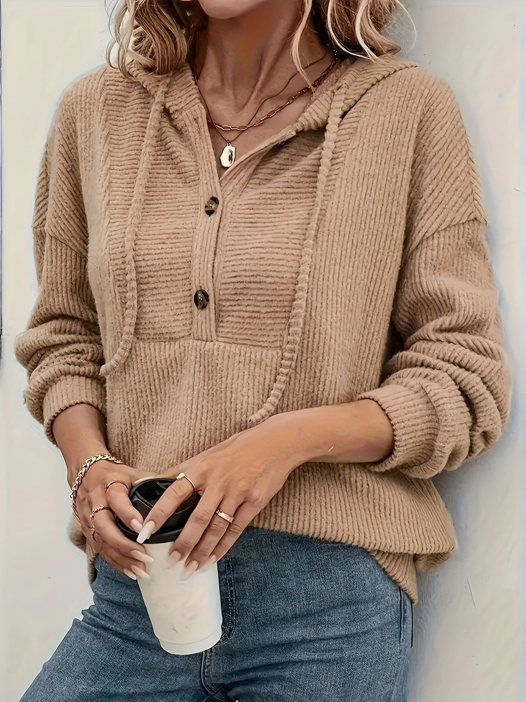 Maike | Geribbeld dames-sweatshirt met capuchon – Casual pullover met lange mouwen