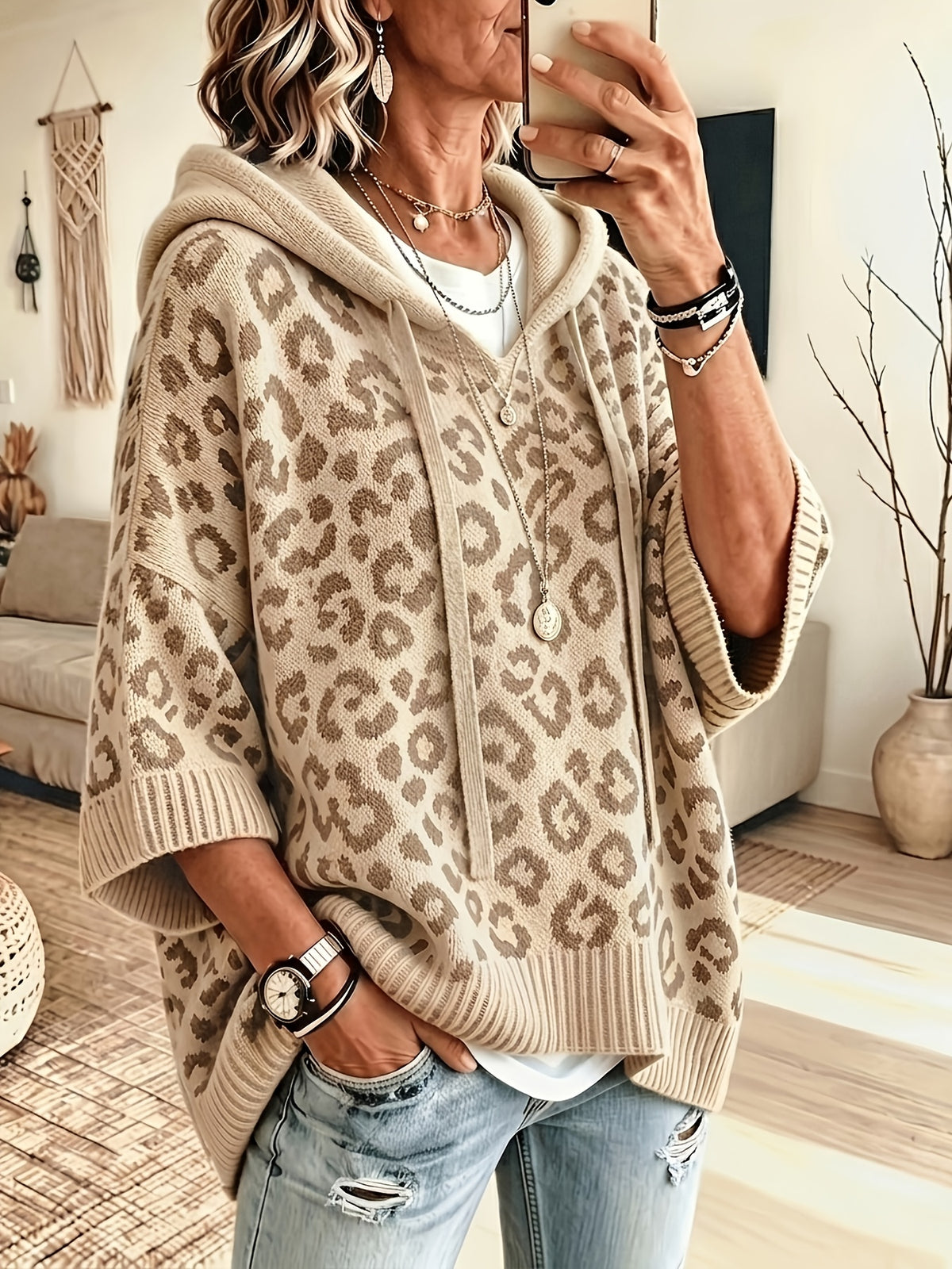 arcelina | Dameshoodie met Luipaardprint – Oversized Sweater met Capuchon