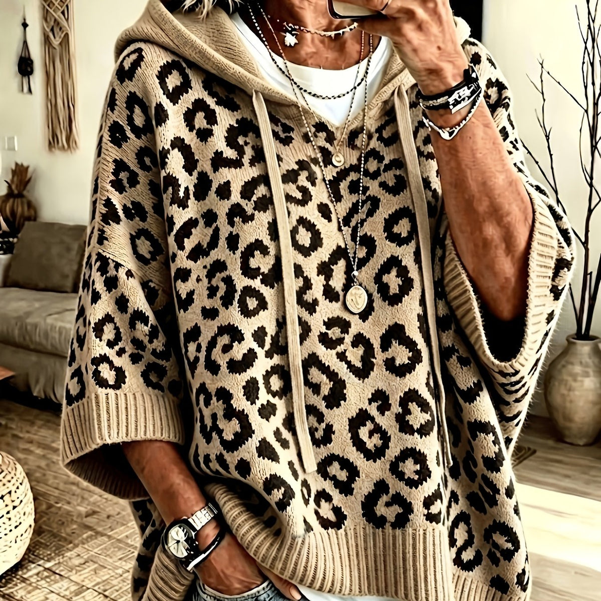 arcelina | Dameshoodie met Luipaardprint – Oversized Sweater met Capuchon