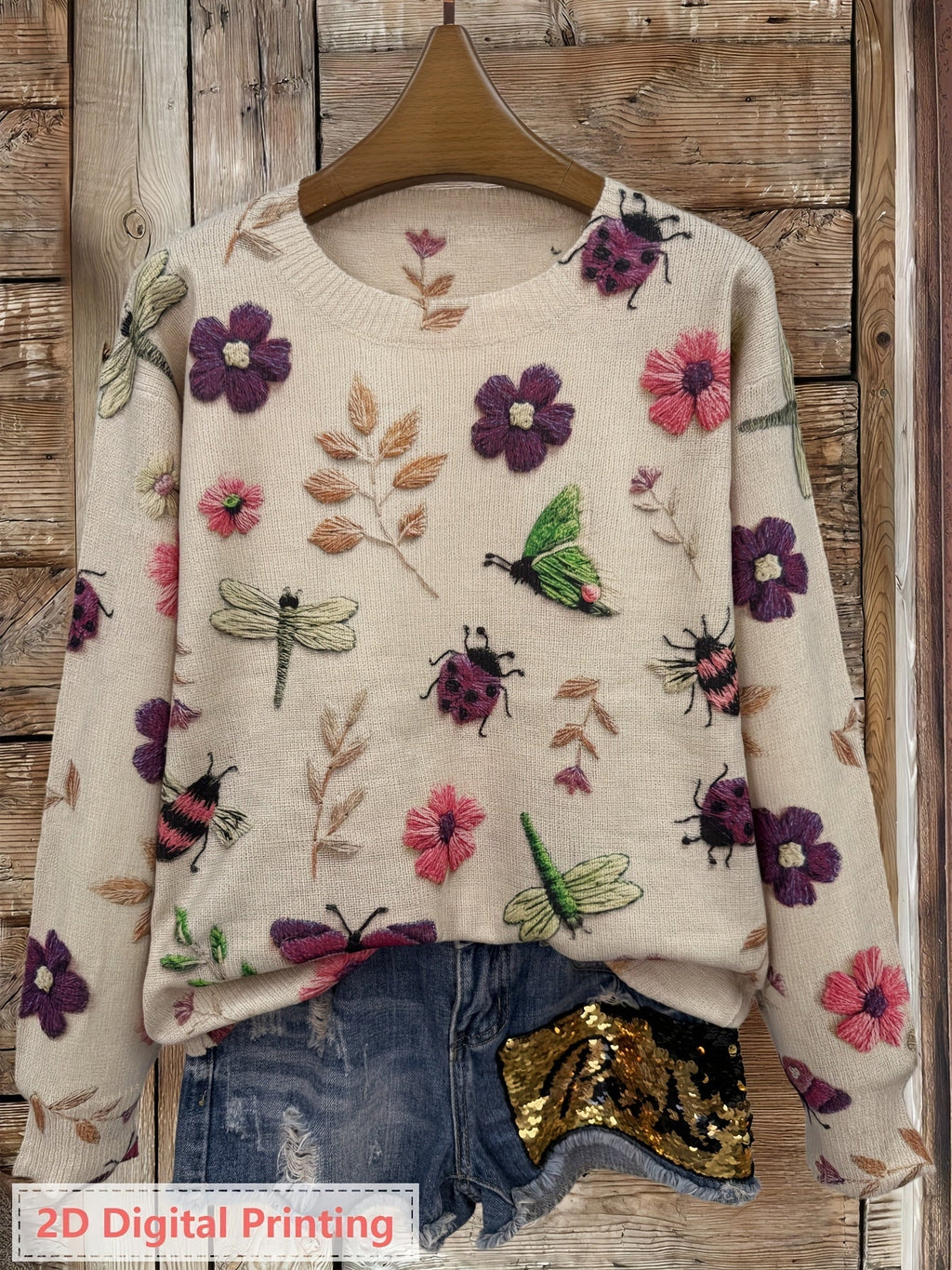 Myvella | Dames Trui met Lange Mouwen, Bloemen- en Insectenprint, Lente Casual Top