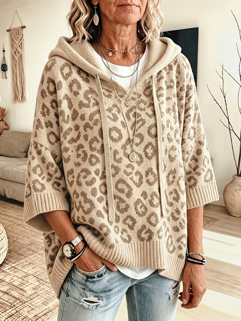 arcelina | Dameshoodie met Luipaardprint – Oversized Sweater met Capuchon