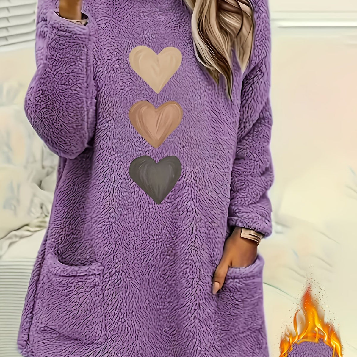Marleen | Dames-sweatshirt met fleecevoering en hartjesprint – Casual trui met lange mouwen