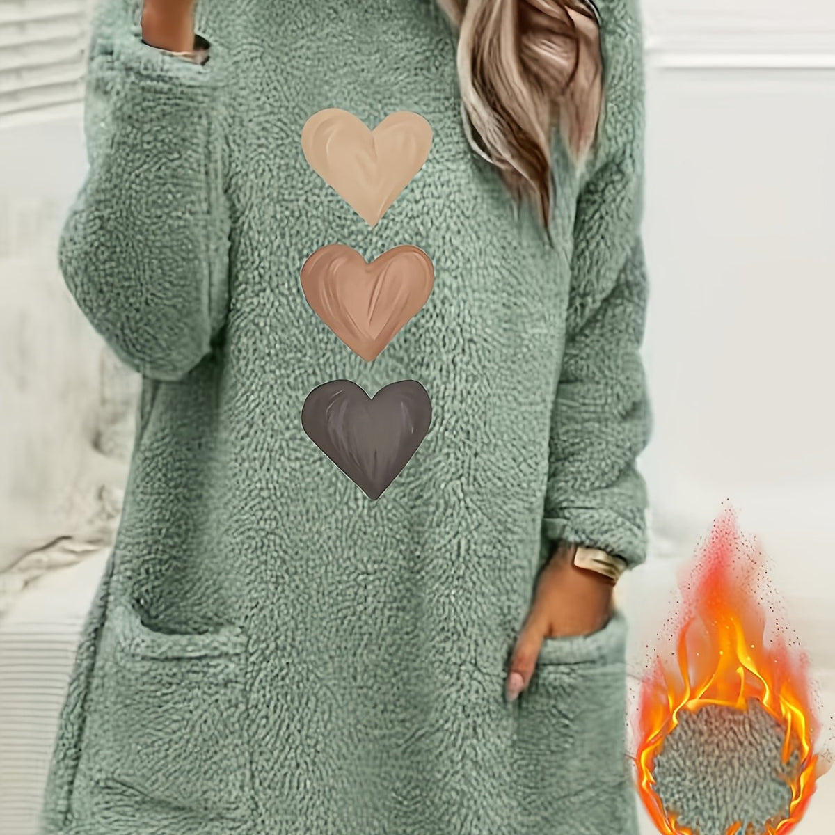 Marleen | Dames-sweatshirt met fleecevoering en hartjesprint – Casual trui met lange mouwen