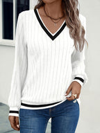 Belinda | Dames Rib T-shirt met V-hals en Kleurblokken, Lange Mouwen