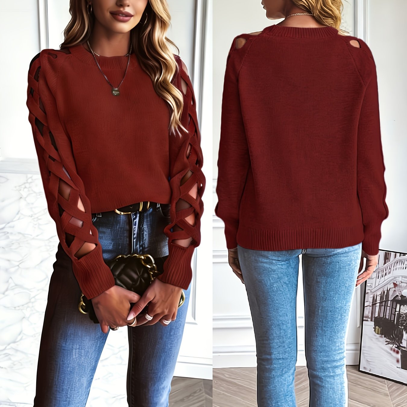 Zevessa | Lichte effen damestrui – gebreide pullover met opengewerkte mouwen