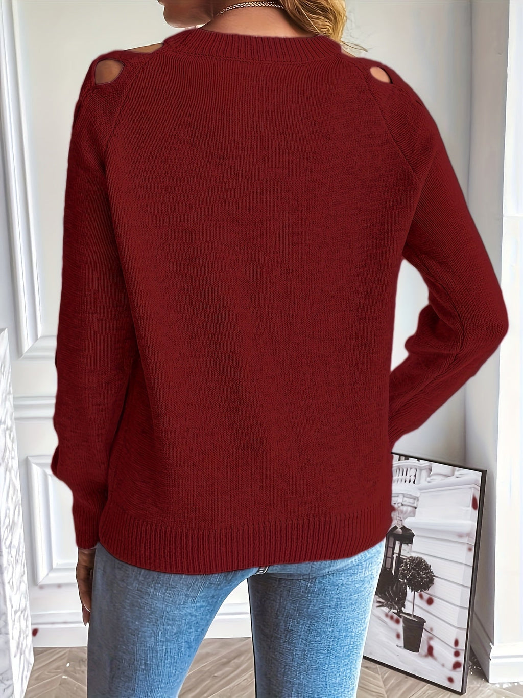 Zevessa | Lichte effen damestrui – gebreide pullover met opengewerkte mouwen