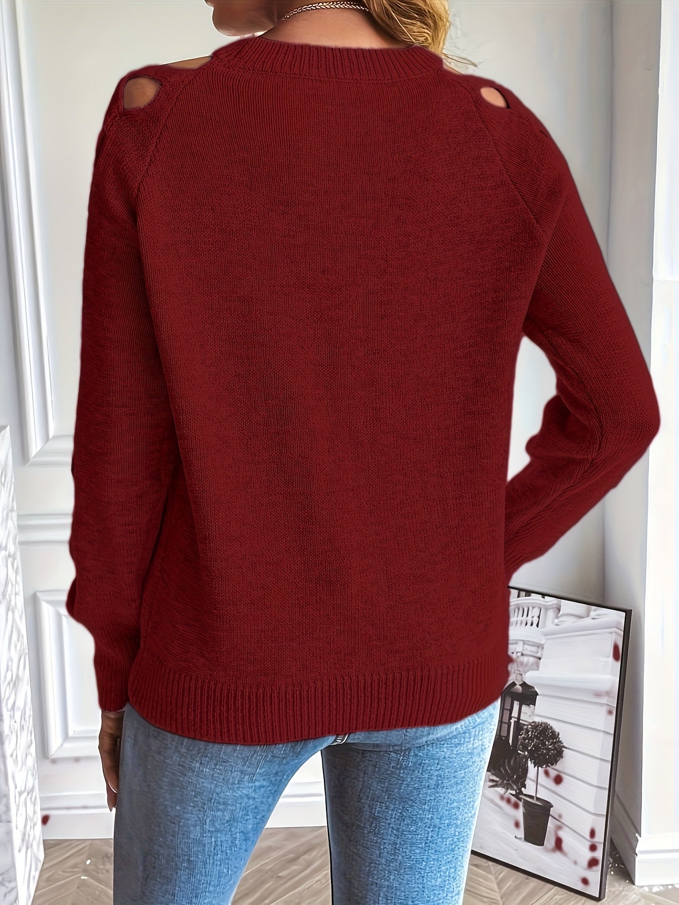 Zevessa | Lichte effen damestrui – gebreide pullover met opengewerkte mouwen