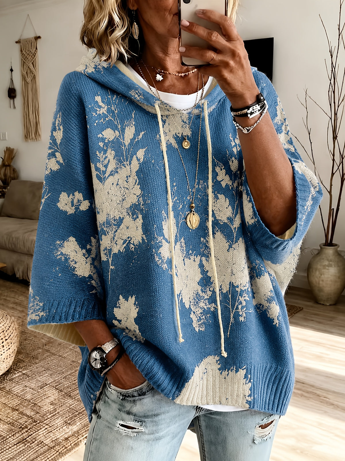 Phaedra | Dames Gebloemde Capuchonponcho