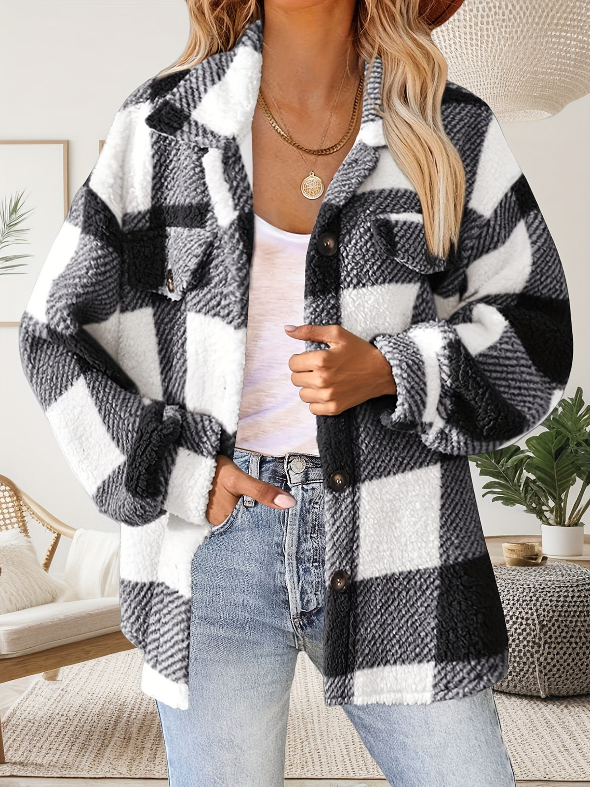 Justina | Geruite Damesjas met Pluche, Knoopsluiting en Lange Mouwen – Warme Herfst- en Winterjas