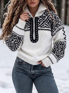 Mies | Fair Isle-jacquardtrui voor dames – Pullover met hoge hals, halve rits en kleurblokken