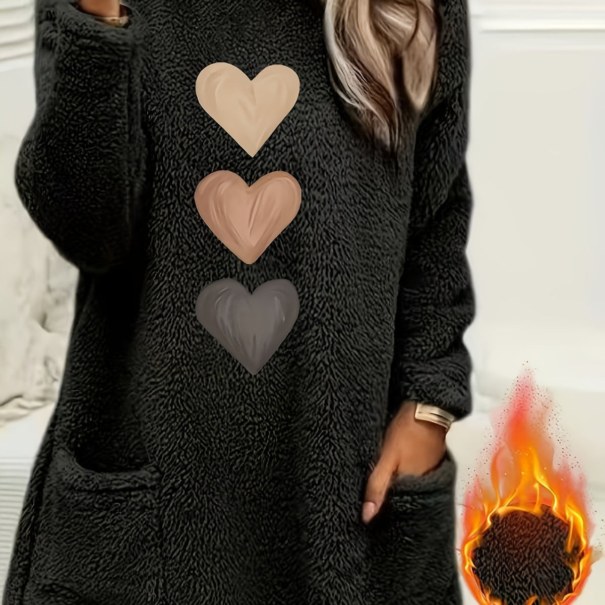 Marleen | Dames-sweatshirt met fleecevoering en hartjesprint – Casual trui met lange mouwen