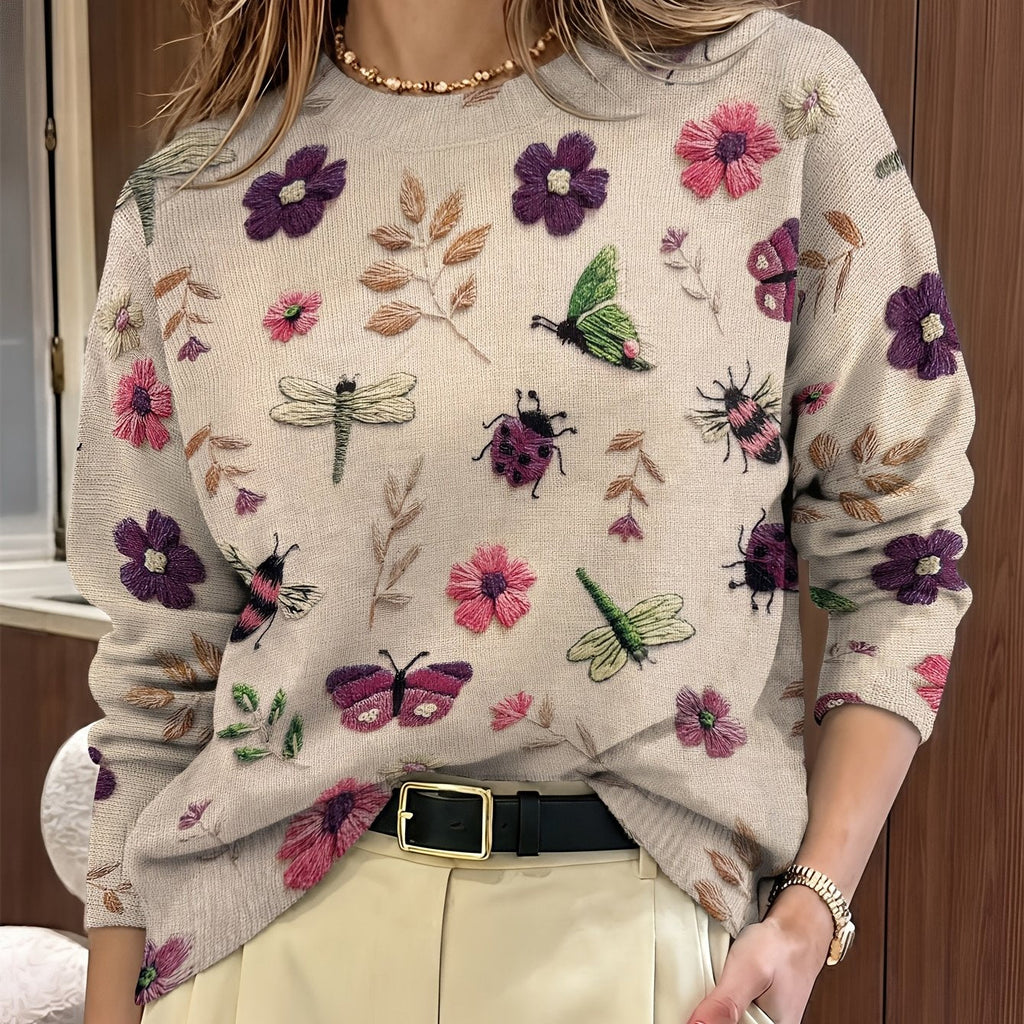 Myvella | Dames Trui met Lange Mouwen, Bloemen- en Insectenprint, Lente Casual Top
