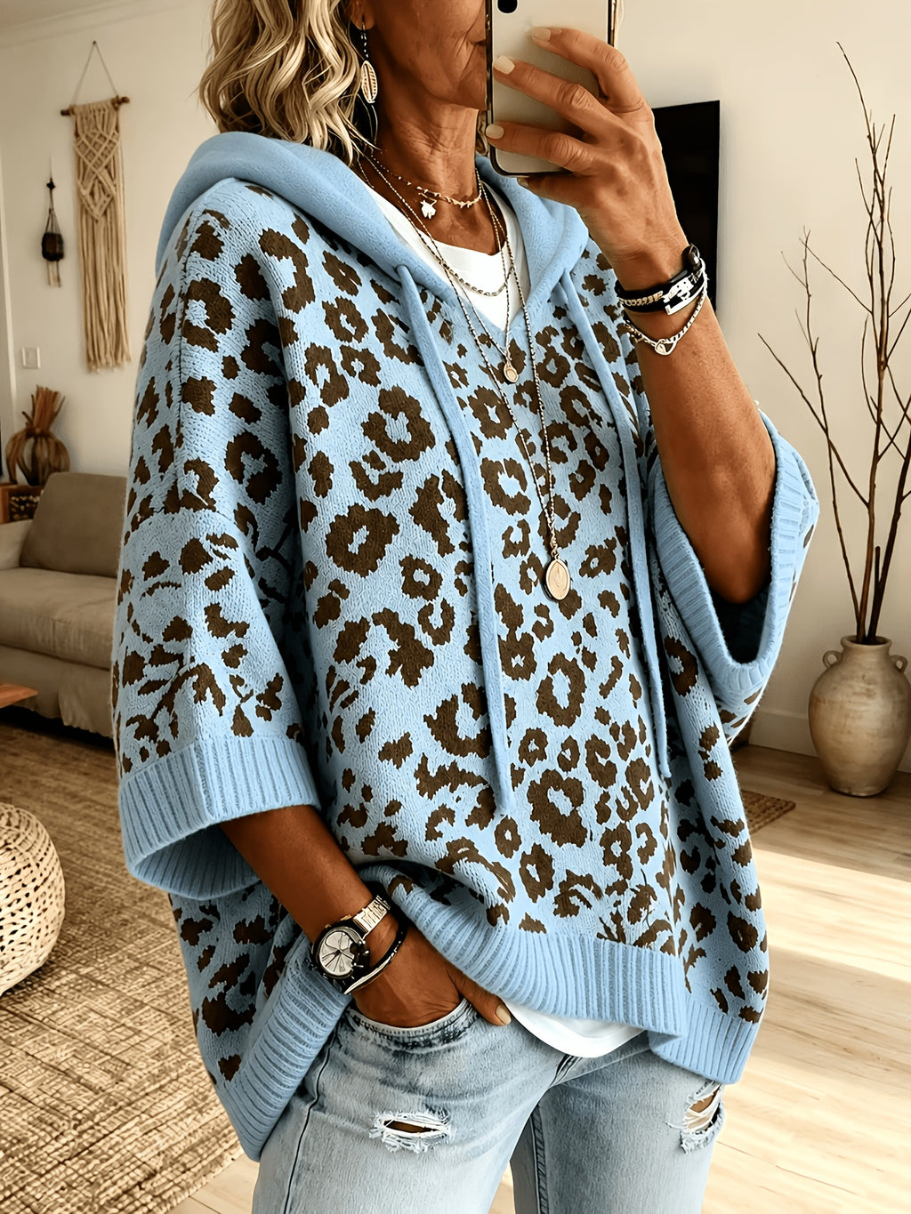 arcelina | Dameshoodie met Luipaardprint – Oversized Sweater met Capuchon