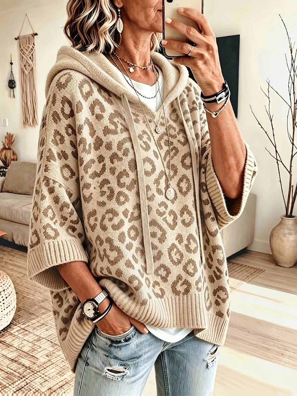 arcelina | Dameshoodie met Luipaardprint – Oversized Sweater met Capuchon