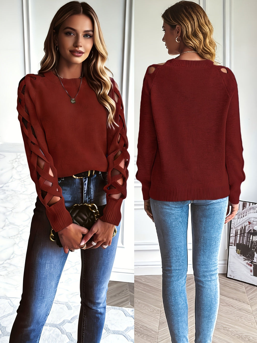 Zevessa | Lichte effen damestrui – gebreide pullover met opengewerkte mouwen