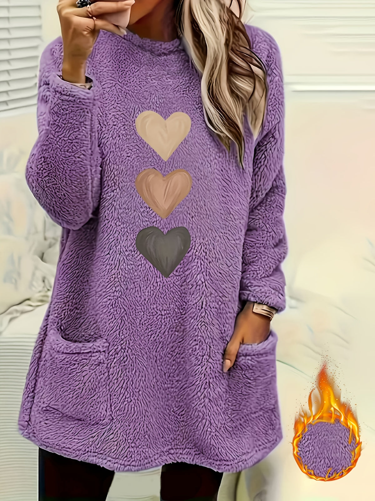 Marleen | Dames-sweatshirt met fleecevoering en hartjesprint – Casual trui met lange mouwen