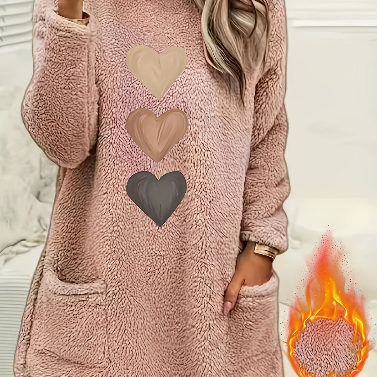 Marleen | Dames-sweatshirt met fleecevoering en hartjesprint – Casual trui met lange mouwen