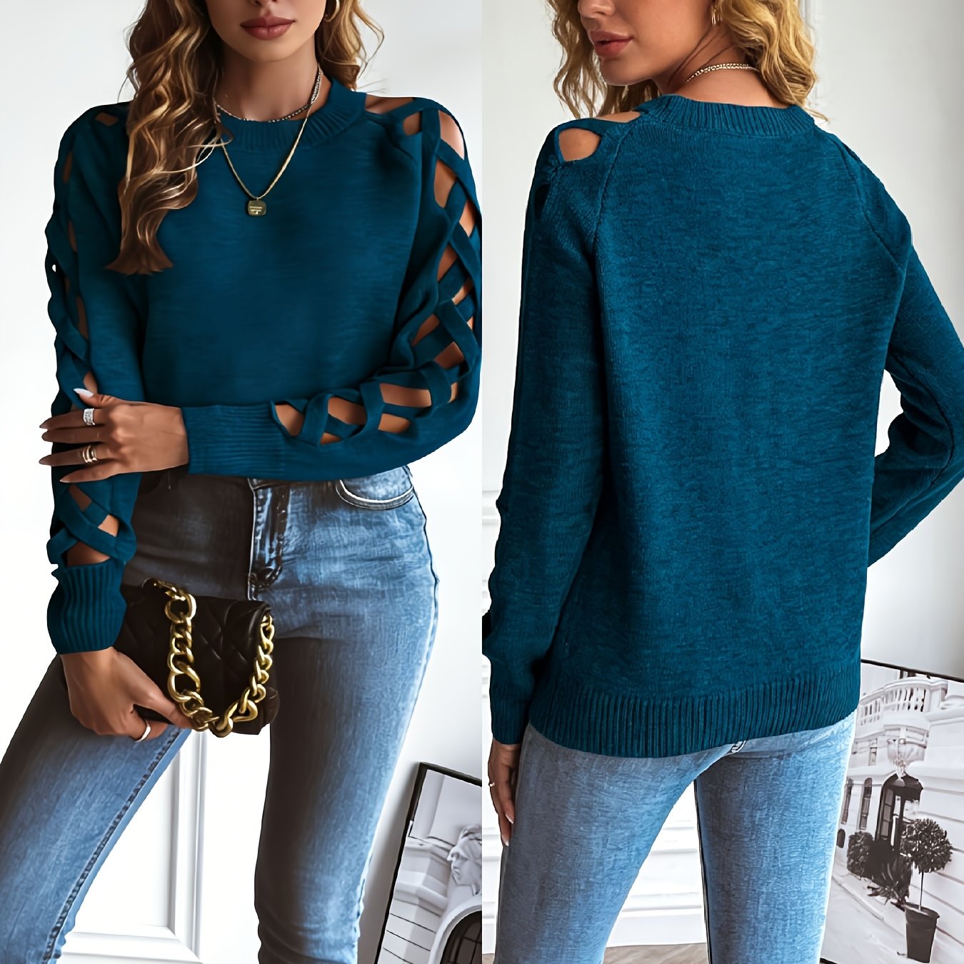 Zevessa | Lichte effen damestrui – gebreide pullover met opengewerkte mouwen