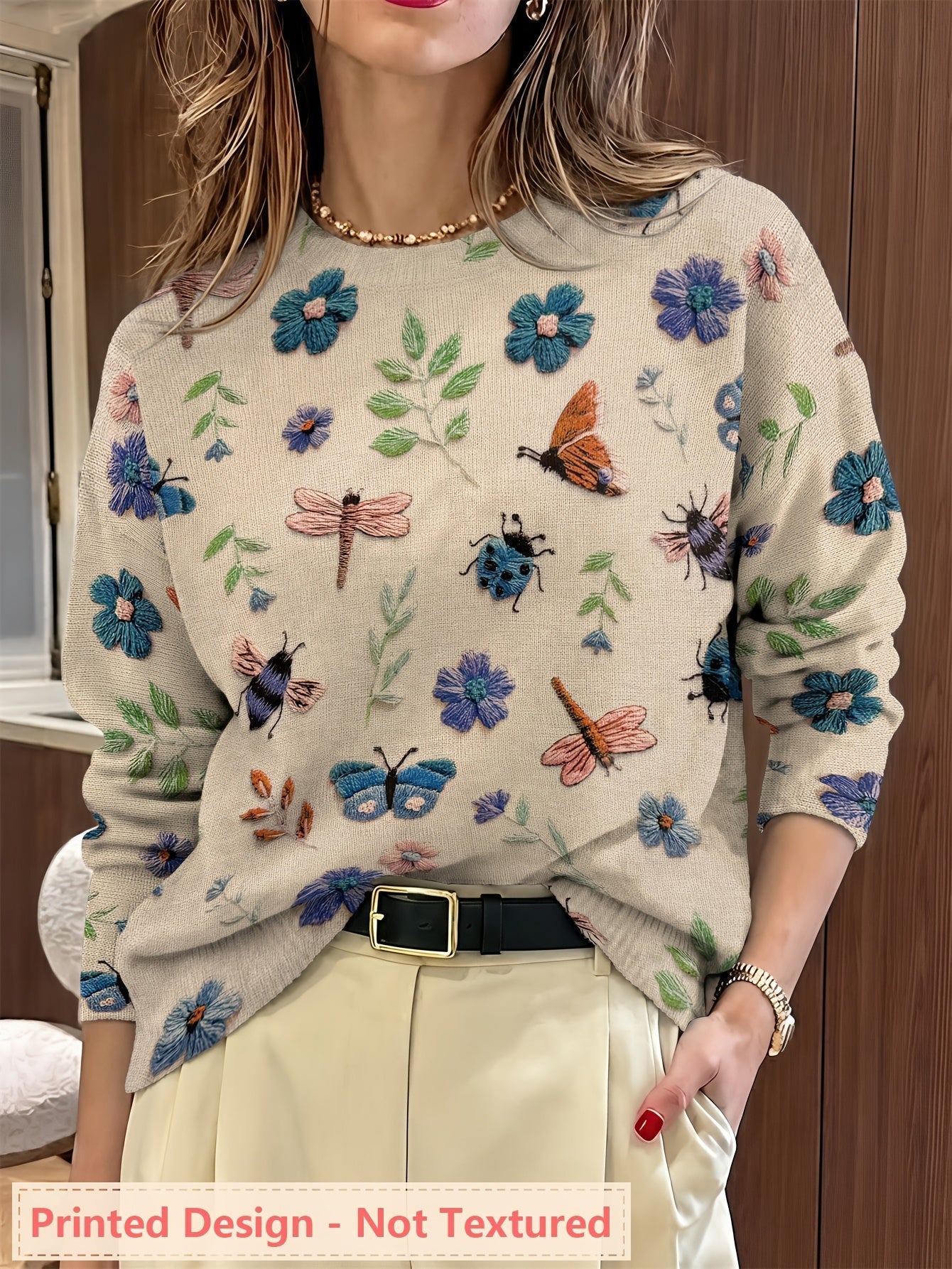 Myvella | Dames Trui met Lange Mouwen, Bloemen- en Insectenprint, Lente Casual Top