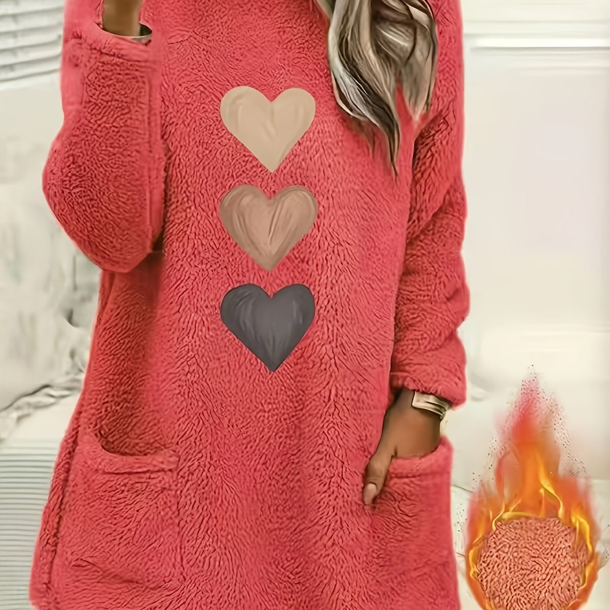 Marleen | Dames-sweatshirt met fleecevoering en hartjesprint – Casual trui met lange mouwen