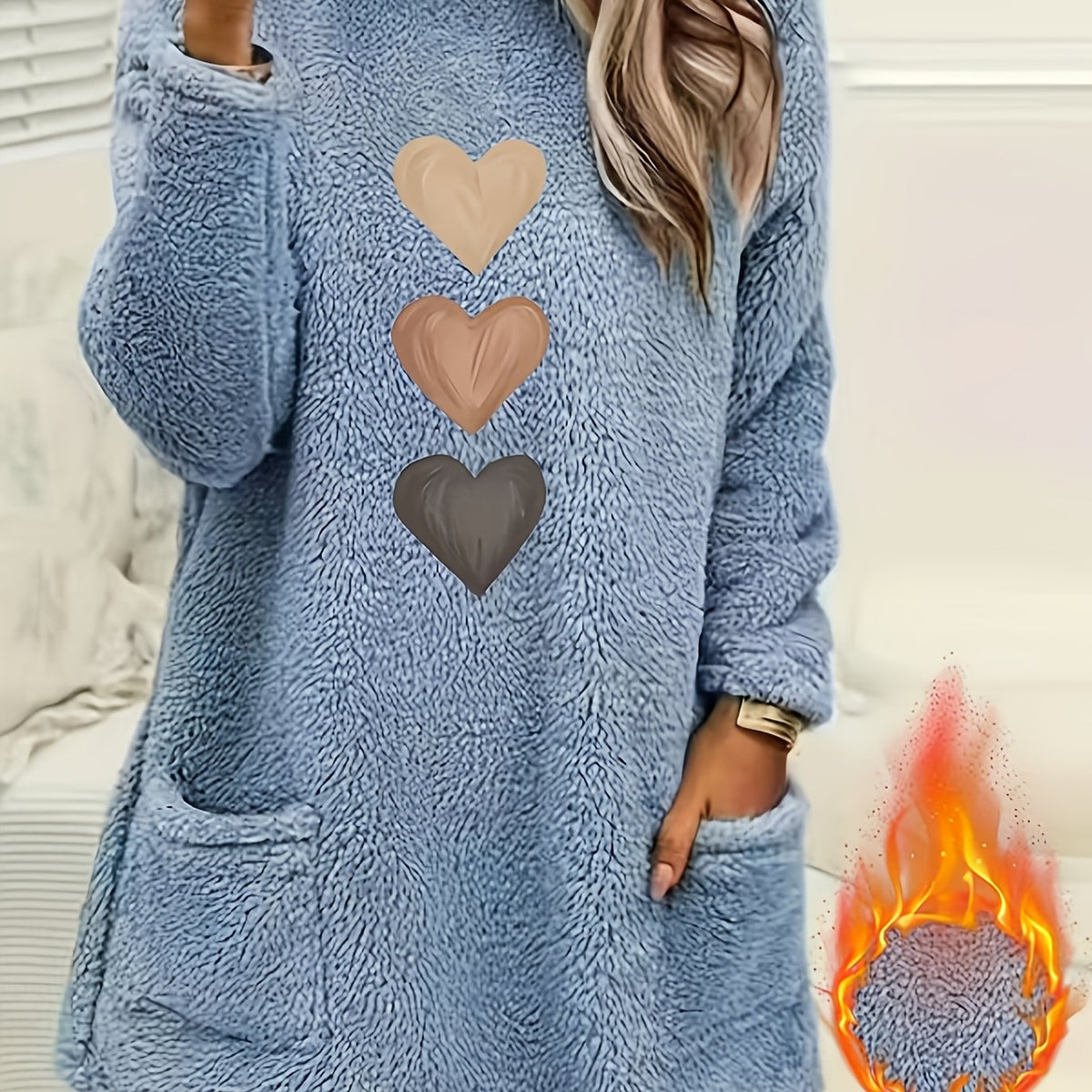 Marleen | Dames-sweatshirt met fleecevoering en hartjesprint – Casual trui met lange mouwen
