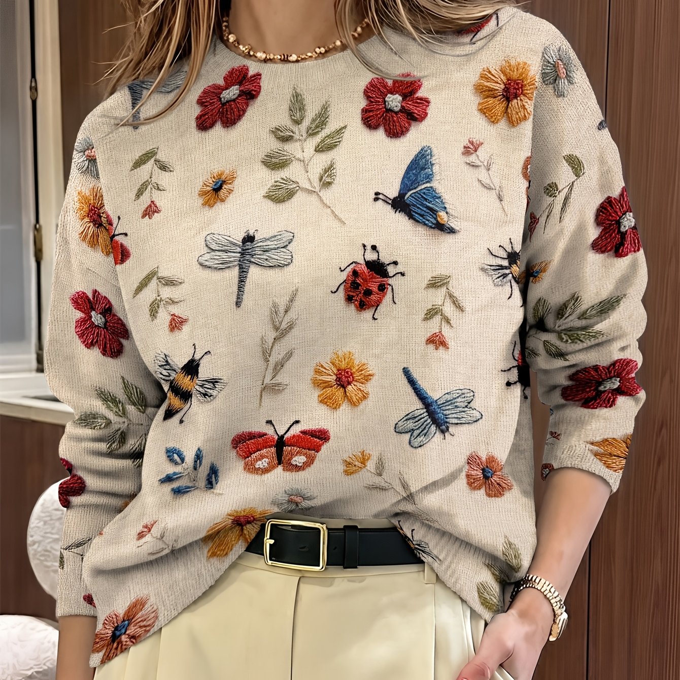 Myvella | Dames Trui met Lange Mouwen, Bloemen- en Insectenprint, Lente Casual Top
