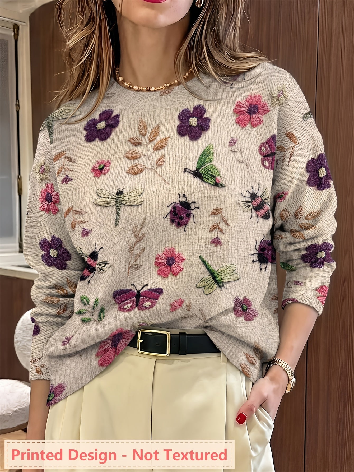 Myvella | Dames Trui met Lange Mouwen, Bloemen- en Insectenprint, Lente Casual Top