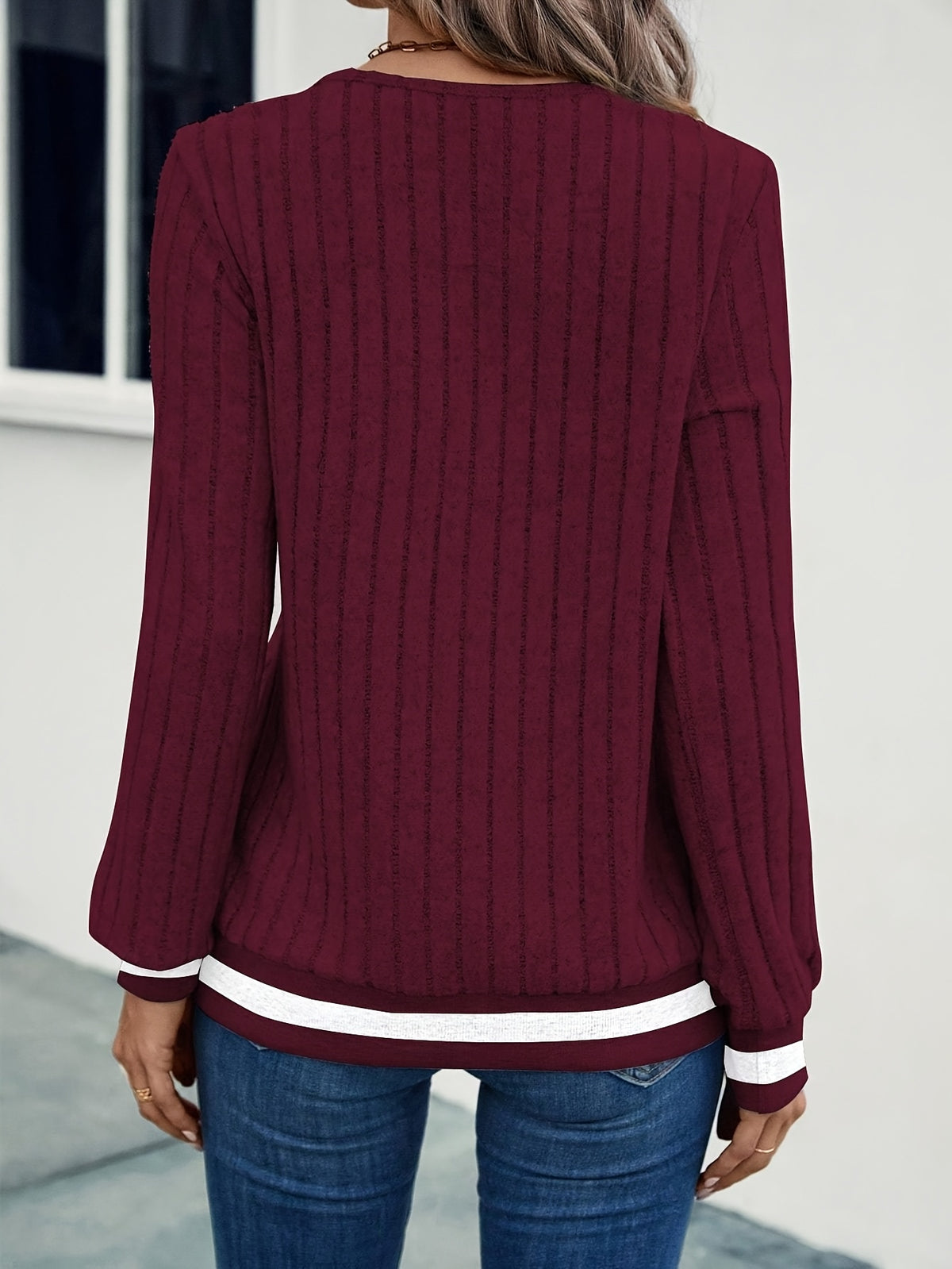 Belinda | Dames Rib T-shirt met V-hals en Kleurblokken, Lange Mouwen