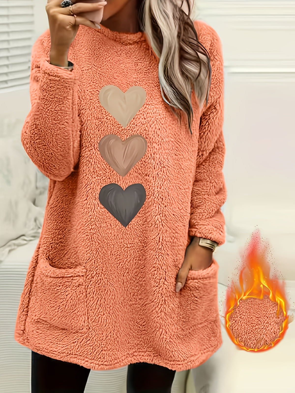 Marleen | Dames-sweatshirt met fleecevoering en hartjesprint – Casual trui met lange mouwen