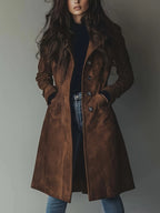 Bie | Vintage Suède Trenchcoat Dames – Single-Breasted Jas met Knoopsluiting