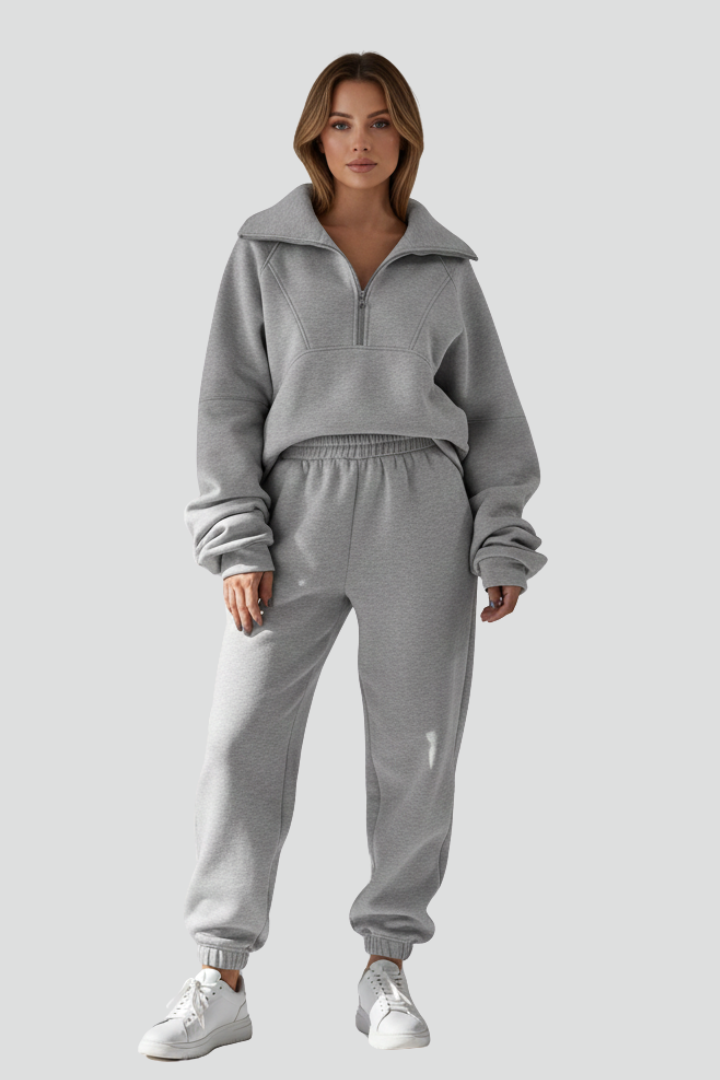 Ainsley | Dames Casual Tweedelige Set – Top met Halve Rits & Stretch Joggingbroek