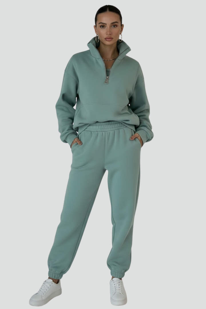 Ainsley | Dames Casual Tweedelige Set – Top met Halve Rits & Stretch Joggingbroek