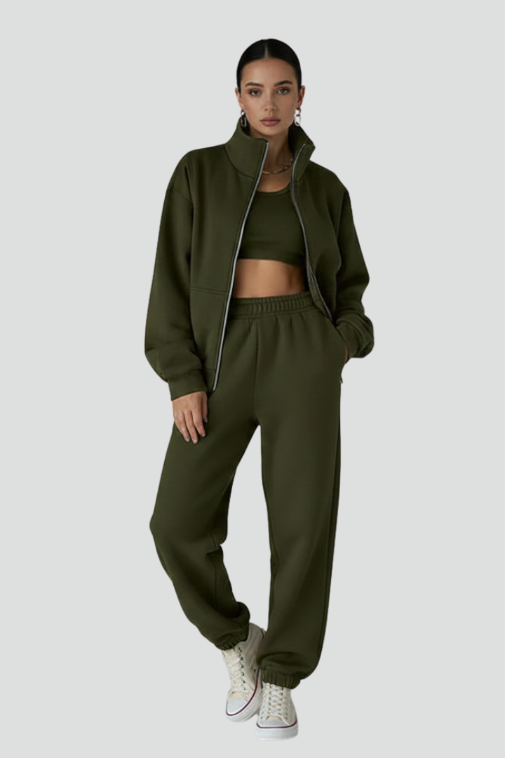 Ainsley | Dames Casual Tweedelige Set – Top met Halve Rits & Stretch Joggingbroek