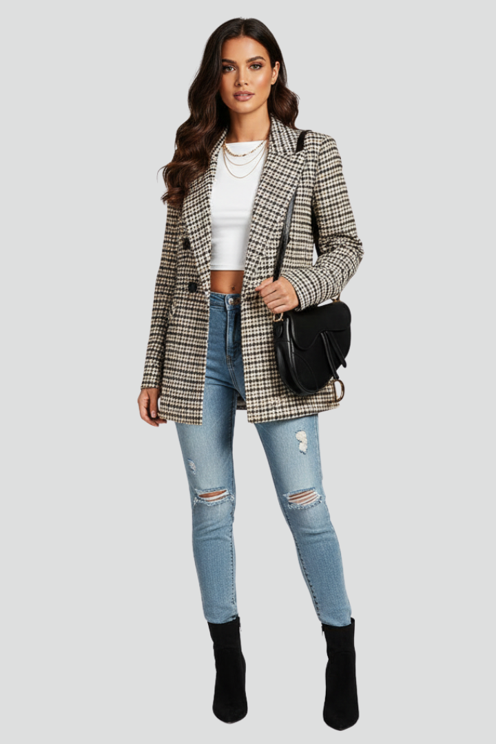 Arlen | Dames Geruite Blazer – Getailleerde Blazer met Knoopsluiting en Reverskraag
