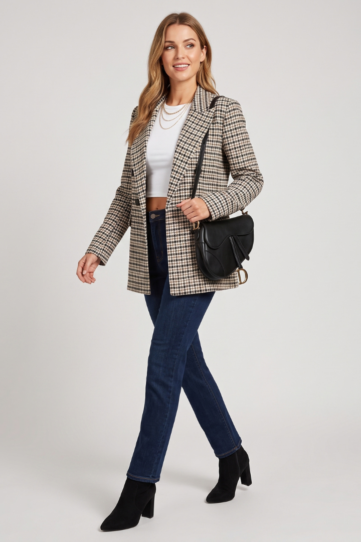 Arlen | Dames Geruite Blazer – Getailleerde Blazer met Knoopsluiting en Reverskraag