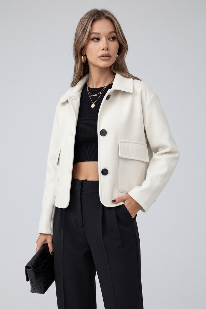 Alexis | Dames Cropped Utility Jas van Imitatiesuède – Casual Jas met Knopen
